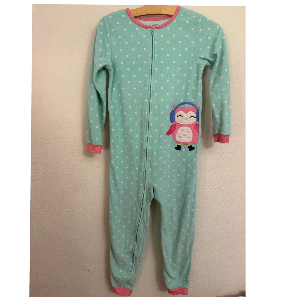 Carters Girls Mint Green Heart Fleece Owl Footless Pajamas Size 8